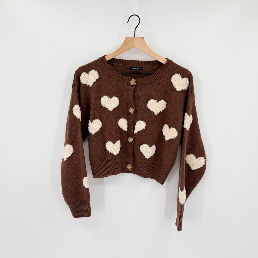 Love Tree Brown Cropped Cardigan 3D Heart Pattern L Coquette Preppy Romantic